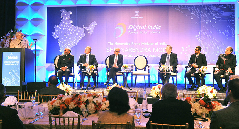 The Prime Minister, Shri Narendra Modi with Shri Satya Nadella, Shri Sundar Pichai and others, at the stage for Digital India Dinner, in San Jose, California on September 26, 2015.