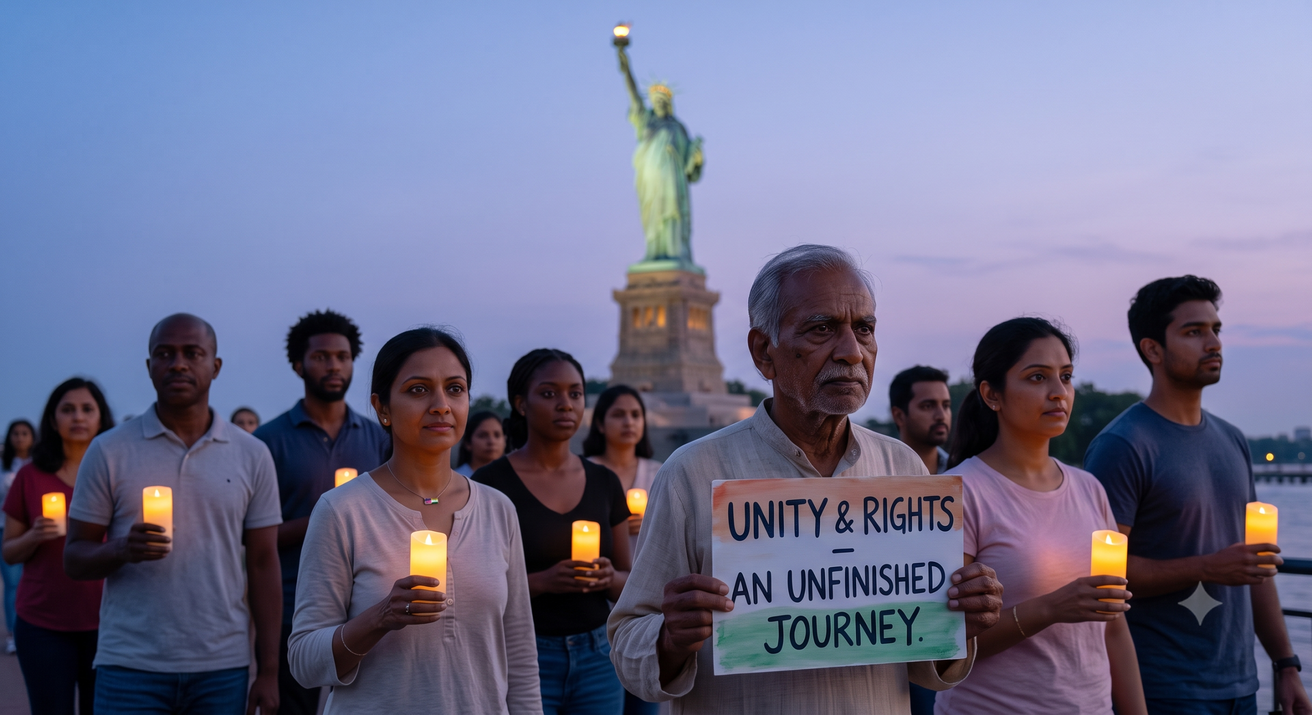 Indian-American community holding a candlelight vigil for unity, civil rights, freedom, and democracy with the Statue of Liberty in the background