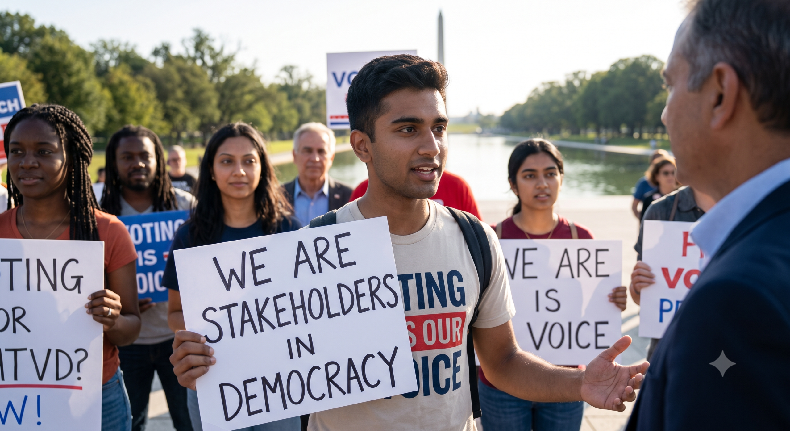 Indian-American community participating in civic engagement and democracy with signs promoting voting, representation, and public participation