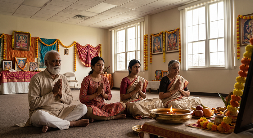 Indian-American family participating in a traditional prayer ceremony to honor cultural heritage and celebrate 250 years of the Indian-American story