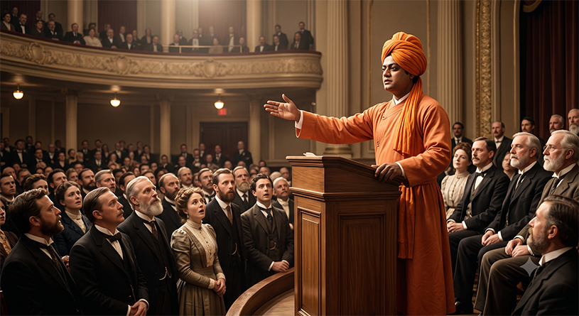 Swami Vivekananda addresses the World’s Parliament of Religions, 1893.