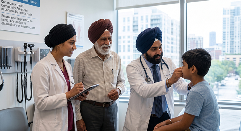 Three generations of Sikh-American medical professionals in a modern clinic.