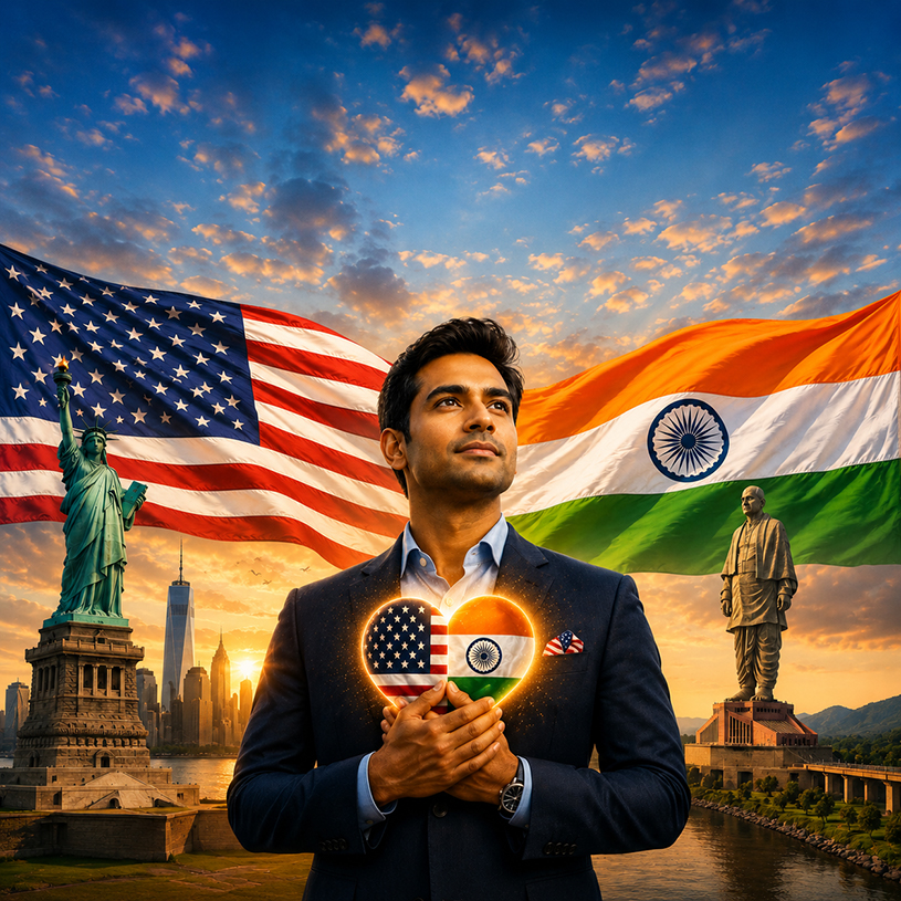Indian-American standing between the American and Indian flags, symbolizing shared democratic values, cultural heritage, and unity between two nations