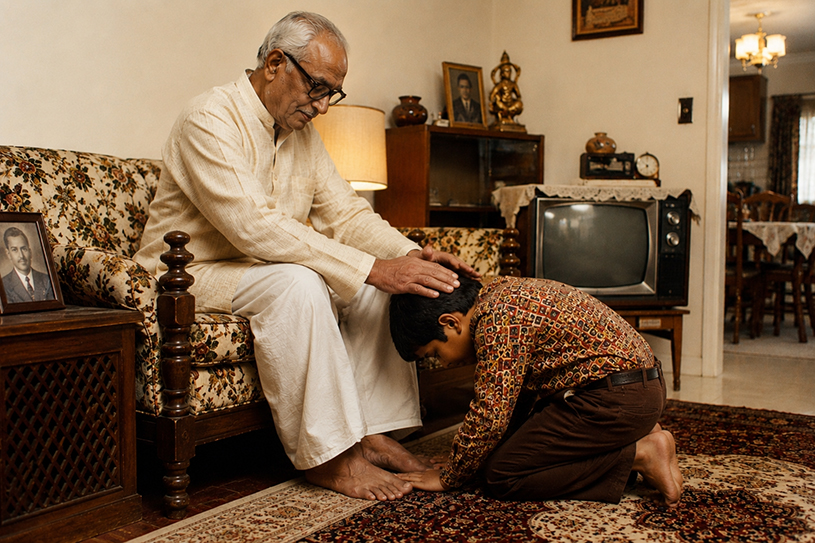 Young Indian-American showing respect by seeking blessings from an elder, reflecting family values, tradition, and cultural heritage