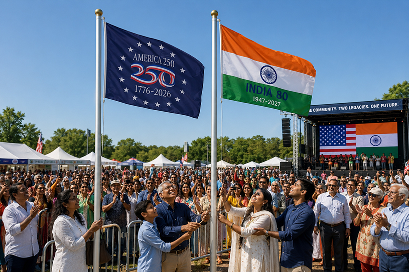 A simultaneous flag-raising during a community dual-anniversary celebration in the summer of 2026.
