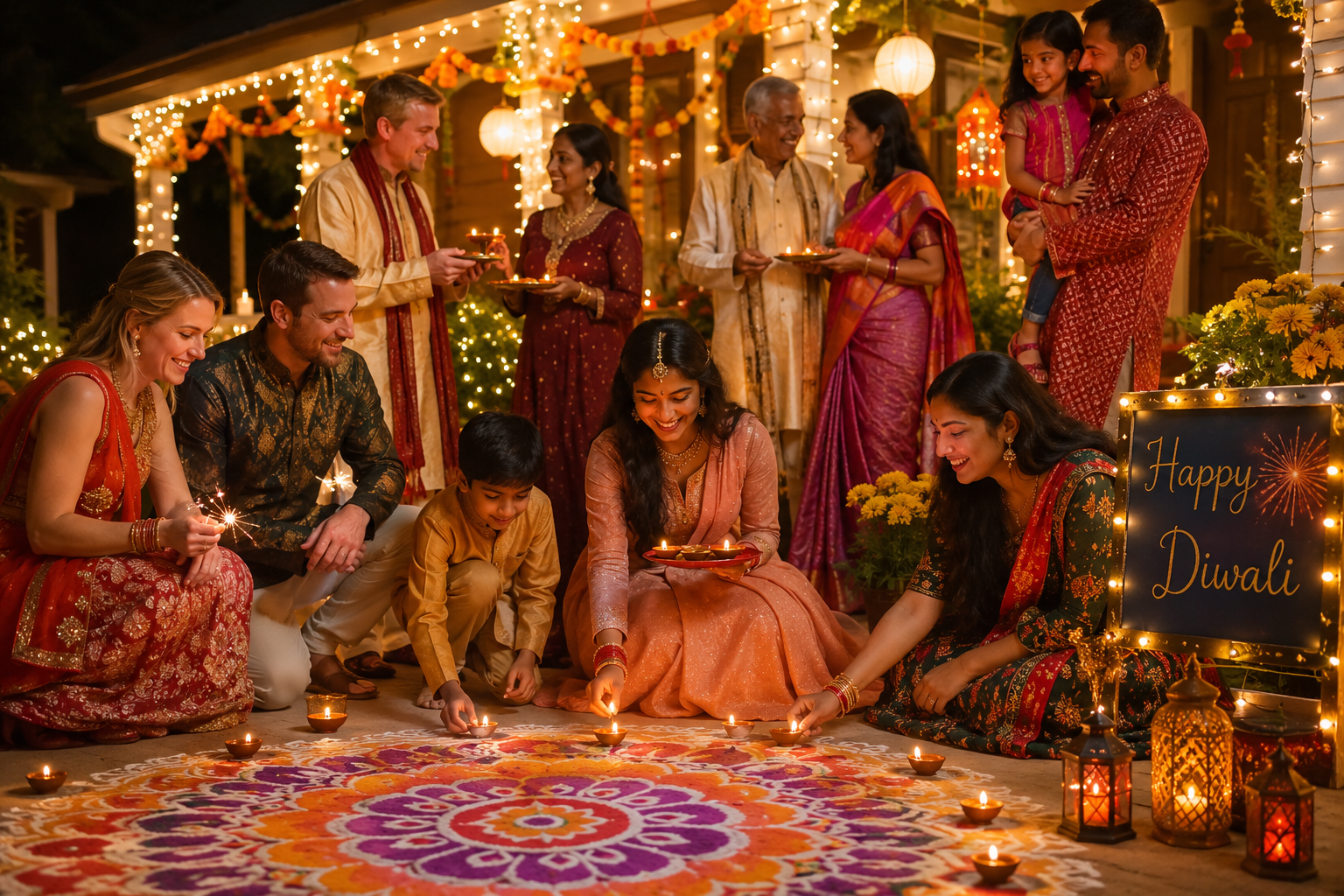 Multicultural families celebrating Diwali together with diyas and rangoli, symbolizing freedom, unity, diversity, and Indian-American cultural traditions