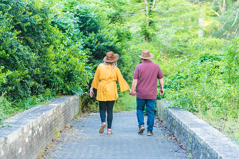 A beautiful shot of a couple walking in the park