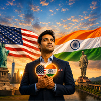 Indian-American standing between the American and Indian flags, symbolizing shared democratic values, cultural heritage, and unity between two nations