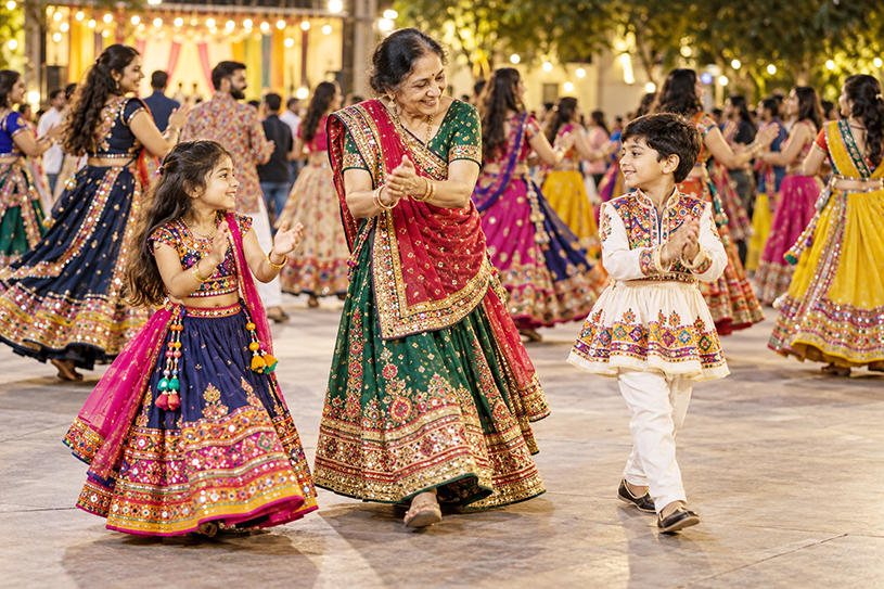 Indian American children learning Garba during a cultural celebration Indian American children learning Garba during a cultural celebration