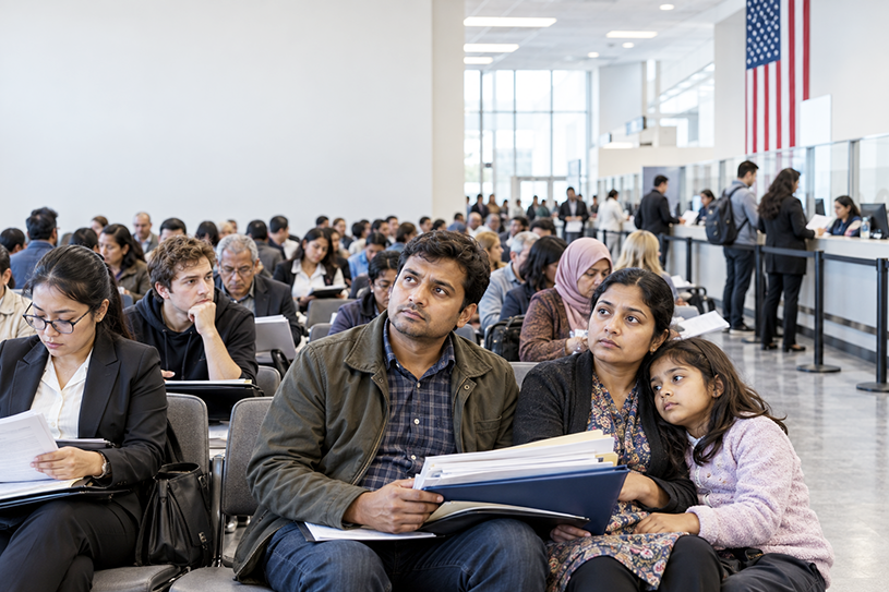 Immigrants and families waiting at a U.S. airport amid immigration processing backlogs