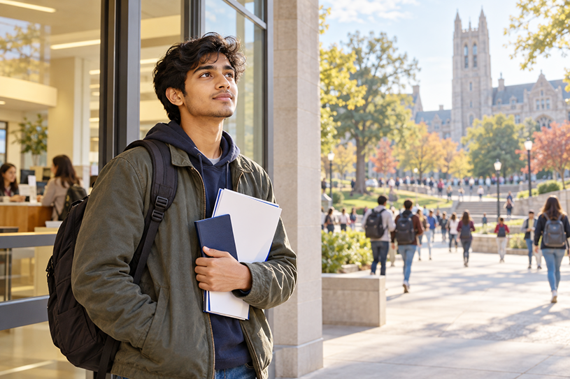 International student carrying books on a university campus in the United States