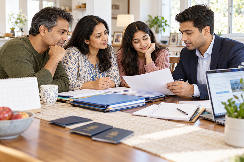 South Asian family reviewing immigration documents and planning their U.S. immigration journey South Asian family reviewing immigration documents and planning their U.S. immigration journey