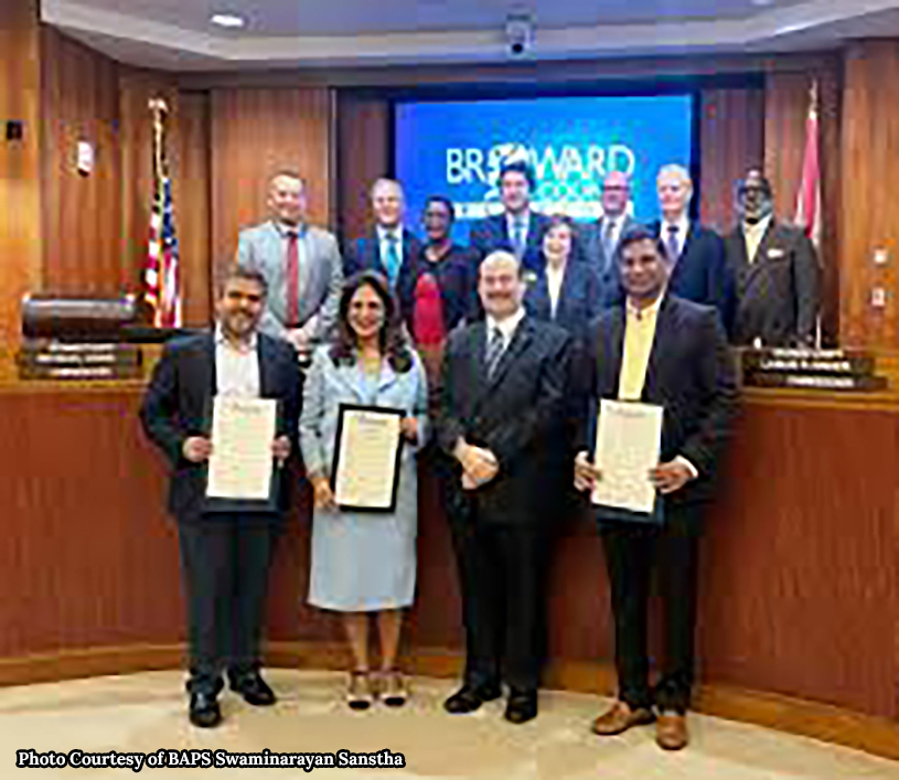 Broward County officials recognizing BAPS Swaminarayan Sanstha during Diwali celebration