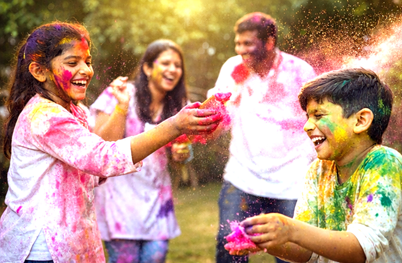 Indian family celebrating Holi