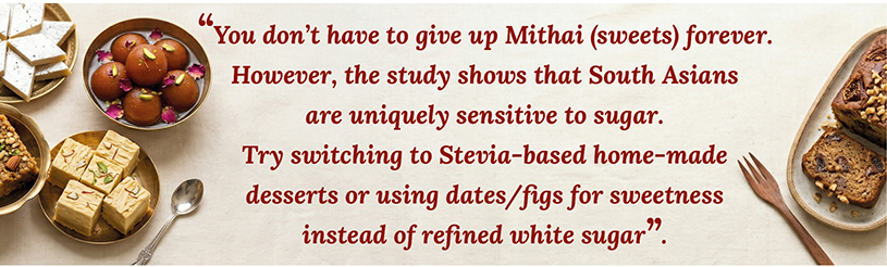 South Asian sweets mithai with advice on reducing sugar intake and choosing healthier dessert alternatives like stevia dates and figs